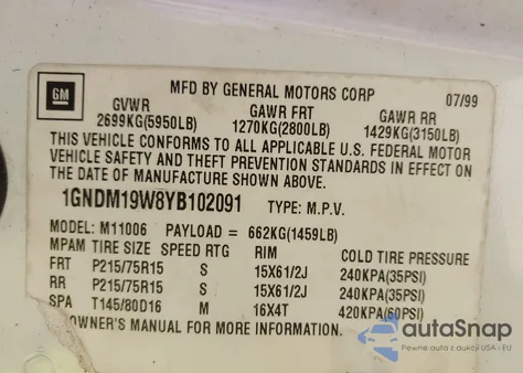 2000 Chevrolet Astro z USA, uszkodzony, nr VIN 1GNDM19W8YB102091